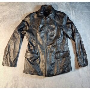 Express World Brand Leather Jacket Womens Small Black Zip‎ Front Y2K  Moto Biker